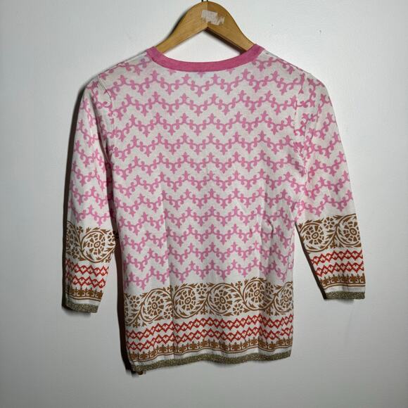 J. McLaughlin Cardigan Sweater Women XS Cotton Blend Pink Geometric Print NWOT - Picture 2 of 9